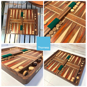 Large WOODEN INLAID BACKGAMMON SET 41cm x 36cm | Classic Strategy Board Game | Wooden playing pieces and dice | Inlaid playing board | back gammon| Backgammon | metal closing decorative clasps
