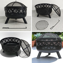 Load image into Gallery viewer, 𝗟𝗔𝗥𝗚𝗘 𝗦𝗧𝗘𝗘𝗟 𝗢𝗨𝗧𝗗𝗢𝗢𝗥 𝗙𝗜𝗥𝗘 𝗣𝗜𝗧 𝗕𝗢𝗪𝗟 | Modern Black Steel Lattice Design with Mesh Cover | Safety Poker &amp; Log Grate included | 𝗪𝗢𝗢𝗗 𝗢𝗥 𝗖𝗛𝗔𝗥𝗖𝗢𝗔𝗟 𝗕𝗨𝗥𝗡𝗘𝗥 for Patio &amp; Garden
