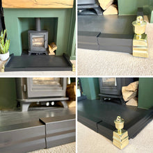 Load image into Gallery viewer, 𝗔𝗗𝗝𝗨𝗦𝗧𝗔𝗕𝗟𝗘 𝗕𝗟𝗔𝗖𝗞 𝗙𝗜𝗥𝗘 𝗙𝗘𝗡𝗗𝗘𝗥 𝗪𝗜𝗧𝗛 𝗣𝗢𝗟𝗜𝗦𝗛𝗘𝗗 𝗙𝗜𝗡𝗜𝗔𝗟𝗦 (𝟭𝟰𝟱𝗰𝗺 𝗠𝗮𝘅 𝗟𝗲𝗻𝗴𝘁𝗵) | Self Assembly | Fireplace Hearth Guard | Protective Barrier to prevent Ash &amp; Spark damage
