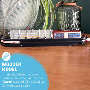 Detailed 20cm Wooden Model Canal Narrowboat Barge 'Ferret' | Fully Assembled, OO Gauge | Ideal Canal Boat & Narrowboat Gift