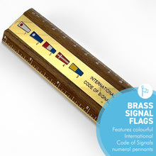 Load image into Gallery viewer, The Code Flag Ruler – Solid Teak with an Inlaid Brass Panel, 15cm

