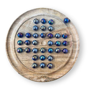 30cm Diameter MANGO WOOD SOLITAIRE BOARD GAME with Lustered Blue Glass Marbles | |classic wooden solitaire game | strategy board game | family board game | games for one | board games