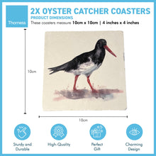 Load image into Gallery viewer, 2 x OYSTER CATCHER STONE COASTERS | Stone Coasters | Animal novelty gift | Coaster for glass, mugs and cups| Square coaster for drinks | Beach gift | Meg Hawkins art | 10cm x 10cm
