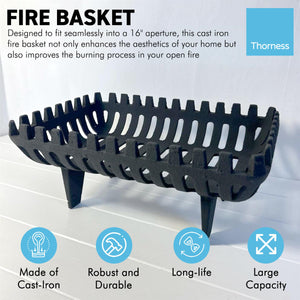 FREESTANDING 16 INCH CAST IRON FIRE BASKET | Solid Fuel Wood Log Coal |  for open fireplaces | Large Cast Iron Sturdy Fireplace Accessory | Suitable for indoor or outdoor use