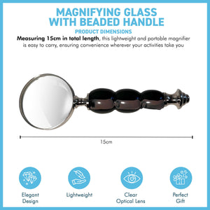 Silver Handheld Magnifying Glass with black beaded handle, Stylish Magnifier for reading