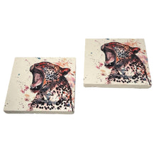 Load image into Gallery viewer, 2 x LEOPARD STONE COASTERS | Stone Coasters | Animal novelty gift | Coaster for glass, mugs and cups| Square coaster for drinks | Leopard gift | Meg Hawkins art | 10cm x 10cm
