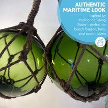 Load image into Gallery viewer, TWO DEEP GREEN GLASS FISHING FLOAT ORNAMENTAL SEA BUOY | hand blown | nautical seafaring fishing rustic décor | 10cm diameter | with rustic brown string netting and hanging loop | Japanese style glass fishing floats
