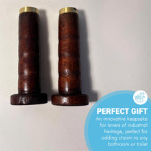 Load image into Gallery viewer, SET OF TWO ANTIQUE BOBBIN LIGHT PULLS,  upcycled from genuine antique bobbins, vintage bathroom ceiling light switch &amp; pull cord, unique piece of history for your bathroom
