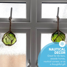Load image into Gallery viewer, TWO DEEP GREEN GLASS FISHING FLOAT ORNAMENTAL SEA BUOY | hand blown | nautical seafaring fishing rustic décor | 10cm diameter | with rustic brown string netting and hanging loop | Japanese style glass fishing floats
