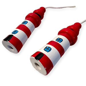 Pair of Red and white Lighthouse light pulls | Nautical Theme Wooden Lighthouse Cord Pull Light Pulls