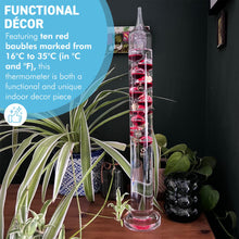 Load image into Gallery viewer, 44cm Tall Free Standing Galileo Thermometer with Ten Floating Red Globes | Measures temperatures from 16 Degrees Centigrade to 35 Degrees | Also in Fahrenheit | Weather Station | Water Thermometer
