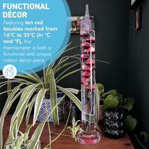 44cm Tall Free Standing Galileo Thermometer with Ten Floating Red Globes | Measures temperatures from 16 Degrees Centigrade to 35 Degrees | Also in Fahrenheit | Weather Station | Water Thermometer