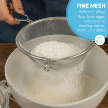 Load image into Gallery viewer, 20cm Stainless Steel Fine Mesh Kitchen Sieve | Rust Resistant Mesh Strainer for Flour, Baking, Tea, Coffee &amp; Rice | Reinforced Rim | Dishwasher Safe | Long Handle
