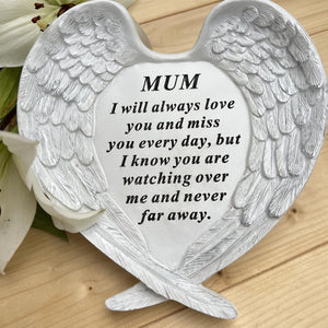 Angel Wings Memorial Ornament: Textured, Detailed Love Heart Plaque for Mum's Garden/Grave