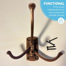 Load image into Gallery viewer, Four-way Folding Coat Hook | Antique Copper Swivel Hook | | Wall mounted for bathroom, kitchen, bedroom | Captains hook | independently swiveling arms | Versatile and elegant
