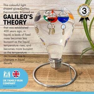 GALILEO THERMOMETER LIGHT BULB SHAPED on Stand | Multicoloured | Temperature Gauge | with 5 floating temperature baubles