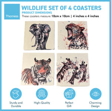 Load image into Gallery viewer, WILDLIFE SET OF 4 COASTERS | Leopard | Giraffe | Tiger | Elephant | Stone Coasters | Animal novelty gift | Coaster for glass, mugs and cups| Square coaster for drinks | Meg Hawkins art | 10cm x 10cm

