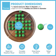 Load image into Gallery viewer, 30cm Diameter WOODEN SOLITAIRE BOARD GAME with Pea Green Glass Marbles | |classic wooden solitaire game | strategy board game | family board game | games for one | board games
