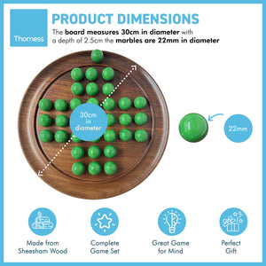 30cm Diameter WOODEN SOLITAIRE BOARD GAME with Pea Green Glass Marbles | |classic wooden solitaire game | strategy board game | family board game | games for one | board games