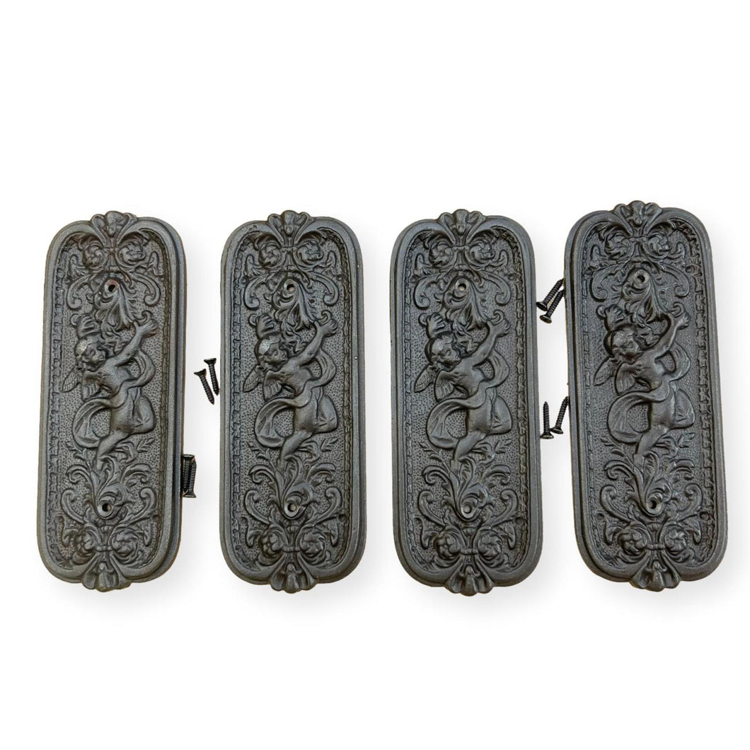 Set of Four Antique style Rustic Cast Iron Door Push Plates with Ornate Cherub Design - Vintage Finger Plate Decor