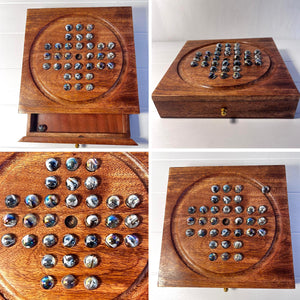 Wooden Solitaire with Drawer for Polar Marbles | Travel Games | Strategic & Traditional Games | Perfect for Adults & Family Fun