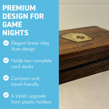 Load image into Gallery viewer, PREMIUM WOODEN CARD BOX DOUBLE DECK w/ Brass Inlay Aces Design – Includes 2 Decks for Game Night
