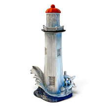 Load image into Gallery viewer, The 22cm Painted Lighthouse – Wood-Effect Finish with a Ship’s Wheel

