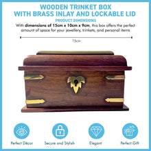 Load image into Gallery viewer, Wooden lockable Trinket Box with brass inlay, decorative detailing, and key for secure storage
