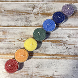 Chakra tea light candles set of 7 | each a different colour and with a different fragrance to represent 7 chakras | 100% pure natural Palm Wax and contain 3% pure essential oils