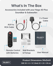 Load image into Gallery viewer, 𝗥𝗘𝗙𝗨𝗥𝗕𝗜𝗦𝗛𝗘𝗗 Majority NAGA 40 PLUS 𝟮𝟬𝟬𝗪 𝗦𝗢𝗨𝗡𝗗𝗕𝗔𝗥 𝗦𝗨𝗕𝗪𝗢𝗢𝗙𝗘𝗥 , SOUND BAR for TV | 2.1 Channel 200W System | Soundbar with Wireless Subwoofer | Bluetooth 5.0, HDMI ARC, Optical, AUX &amp; USB Playback | Remote &amp; Wall Mount Brackets
