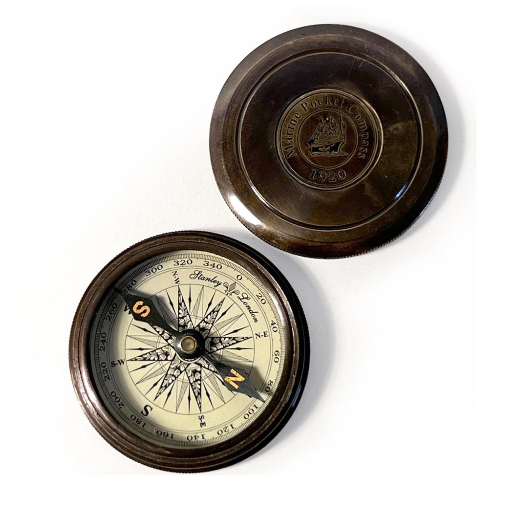 Vintage style reproduction 1920 Marine Pocket Compass with Robert Frost Poem, Antique Brass Finish, Distressed Look