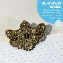 Load image into Gallery viewer, Elegant and Sturdy Polished Brass Sunflower Desk Clip – Multifunctional Leaf Clamp, Binder Clip, and Bookmark for Office &amp; Home
