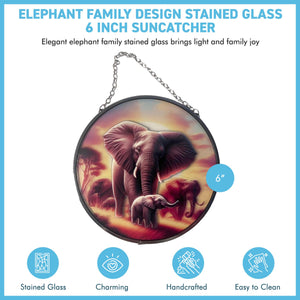 Elephant Family Glass Suncatcher, 15cm diameter Decorative Window Hanging, Vibrant Elephant Design