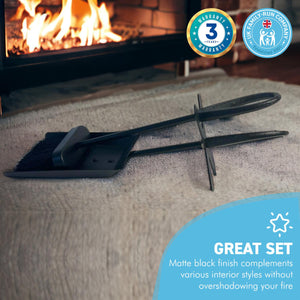 FIRESIDE BRUSH and  PAN shovel set | Tidy clean log burner stove | Powder coated black finish | Built-in stand | Hearth Iron Fireside Tidy Set | Bannister set