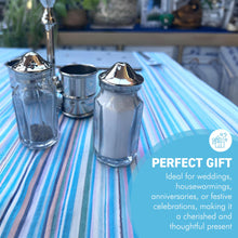 Load image into Gallery viewer, Salt &amp; Pepper Shaker Set, Nickel Plated Glass Pots in a stylish caddy
