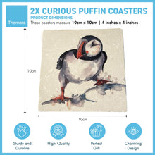 Load image into Gallery viewer, 2 x CURIOUS PUFFIN STONE COASTERS | Stone Coasters | Animal novelty gift | Coaster for glass, mugs and cups| Square coaster for drinks | Puffin gift | Meg Hawkins art | 10cm x 10cm
