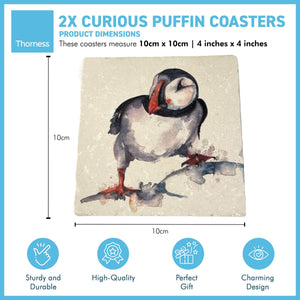 2 x CURIOUS PUFFIN STONE COASTERS | Stone Coasters | Animal novelty gift | Coaster for glass, mugs and cups| Square coaster for drinks | Puffin gift | Meg Hawkins art | 10cm x 10cm