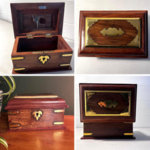 Load image into Gallery viewer, Wooden lockable Trinket Box with brass inlay, decorative detailing, and key for secure storage
