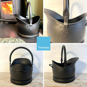 28cm(h) MATTE BLACK Waterloo style galvanised metal COAL BUCKET with carry handle and support handle | scuttle | hod |Fireside accessory | log store | kindling holder