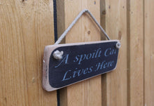 Load image into Gallery viewer, British handmade A Spoilt Cat Lives Here solid wooden hanging sign
