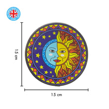 Load image into Gallery viewer, Sun and moon eclipse glass sun catcher with geometric border | 150mm diameter with chain for hanging | colour catcher | window decoration | perfect for conservatory | living rooms | garden | garden ha
