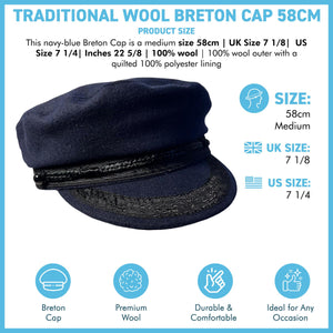 Traditional Wool Breton Cap | Size 58cm, medium,  Captain Fisherman Mariner Yachtsman Sailors, Fiddlers Cap,  Baker Boy flat cap, skipper, classic peaked French and Greek boatman's hat
