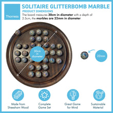 Load image into Gallery viewer, 30cm Diameter WOODEN SOLITAIRE BOARD GAME with GLITTERBOMB GLASS MARBLES | classic wooden solitaire game | strategy board game | family board game | games for one | board games
