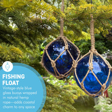 Load image into Gallery viewer, TWO DEEP BLUE GLASS FISHING FLOAT ORNAMENTAL SEA BUOY | hand blown | nautical seafaring fishing rustic décor | 10cm diameter | with rustic brown string netting and hanging loop | Japanese style glass fishing floats
