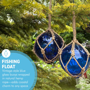 TWO DEEP BLUE GLASS FISHING FLOAT ORNAMENTAL SEA BUOY | hand blown | nautical seafaring fishing rustic décor | 10cm diameter | with rustic brown string netting and hanging loop | Japanese style glass fishing floats