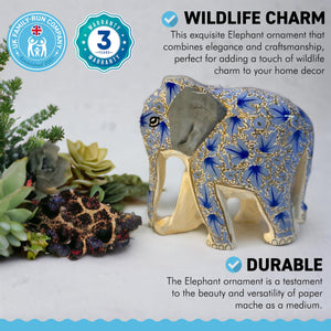 BLUE AND WHITE PAPER MACHE ELEPHANT ORNAMENT | Animal Decoration | Wildlife Sculpture | Paper Mache Animal | Blue and White | Home Decor | Elephants represent Good Luck
