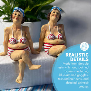 2 Fat Bathing Ladies in Red Striped Bikinis, Novelty Bathroom Figurines