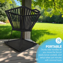 Load image into Gallery viewer, 𝗛𝗘𝗔𝗩𝗬 𝗗𝗨𝗧𝗬 𝗦𝗧𝗘𝗘𝗟 𝗦𝗧𝗔𝗡𝗗𝗜𝗡𝗚 𝗙𝗜𝗥𝗘 𝗕𝗔𝗦𝗞𝗘𝗧 𝘄𝗶𝘁𝗵 𝗔𝘀𝗵 𝗧𝗿𝗮𝘆 𝗛𝟰𝟱 𝘅 𝗪𝟯𝟵𝗰𝗺 | Fire Pit | Raised Design | 4-Leg Base | Easy Assembly | Outdoor Fire Bowl
