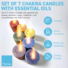 Load image into Gallery viewer, SET of 7 CHAKRA CANDLES with ESSENTIAL OILS | Perfect for Relaxation, Yoga, Meditation &amp; Aromatherapy | Meditation - Mindfulness - Spiritual - Holistic | 2” Candles with 16-18 hour burn time
