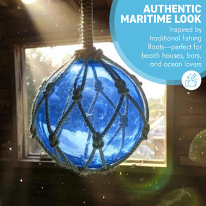 DEEP BLUE GLASS FISHING FLOAT ORNAMENTAL SEA BUOY | hand blown | nautical seafaring fishing rustic décor | 10cm diameter | with rustic brown string netting and hanging loop | Japanese style glass fishing floats